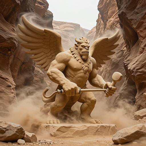 Digital artwork of a muscular, winged minotaur statue holding a staff, standing in a dusty, rocky canyon with towering cliffs.
