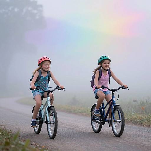 Photograph of two young girls riding bicycles on a foggy, winding road; both wearing helmets and casual clothes, smiling.