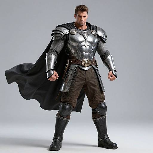 Photograph of a muscular man in shiny black medieval armor, including a cape, with a stern expression, standing against a plain light gray background.