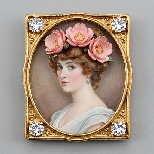 Vintage-style portrait of a fair-skinned woman with brown hair, pink floral headpiece, and white dress, in an ornate oval gold frame with
