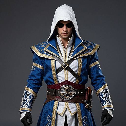 Photograph of a muscular, white male in a blue and gold medieval hooded robe, white shirt, black gloves, and belt with a circular emblem