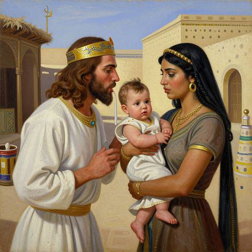Digital painting of a biblical scene: bearded Jesus with golden crown, white robe, holding baby, looking at black-haired woman in brown dress, gold