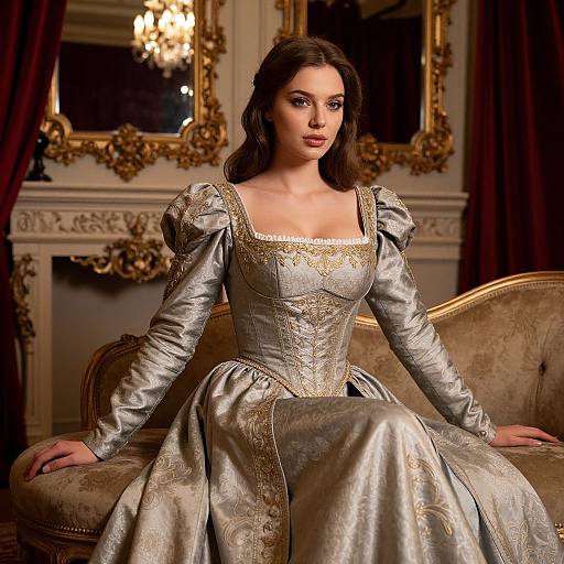Photograph of a fair-skinned woman with dark brown hair in an ornate, silver Renaissance-style gown, seated on a vintage beige sofa in an