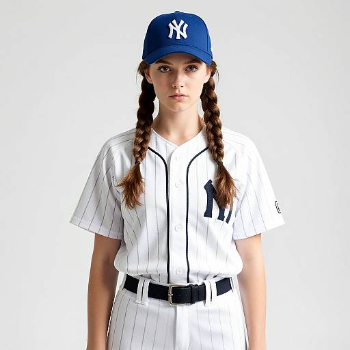 Photograph of a young girl with braided brown hair, wearing a blue New York Yankees cap, white pinstriped baseball uniform, and black