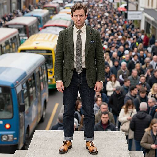 Photograph of a serious, dark-haired man in a green blazer, white shirt, patterned tie, and brown shoes, standing on a ledge