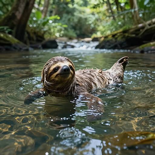 Sloth Swimming in Jungle River