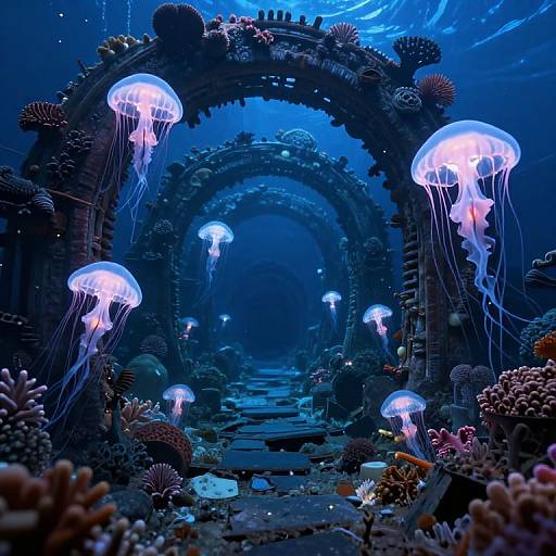 Photograph of an underwater ruin adorned with glowing jellyfish, surrounded by colorful coral and sea anemones, bathed in deep blue light.