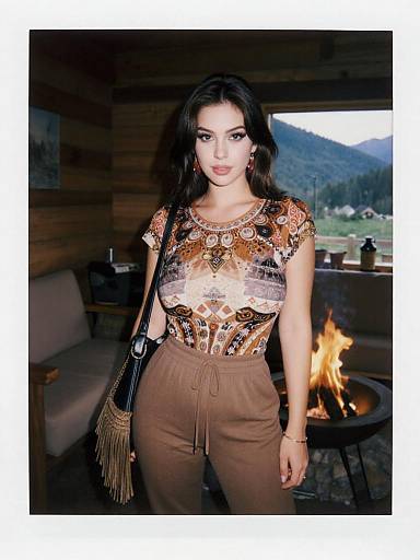 Photograph of a dark-haired woman with light skin wearing a patterned top and brown pants, standing in a wooden cabin by a fire, with mountains