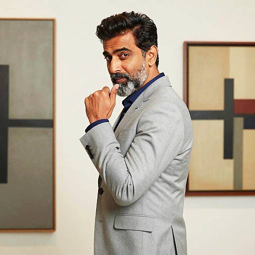 Photograph of a middle-aged man with a beard, gray suit, and blue shirt, standing in an art gallery, looking thoughtfully at his hand