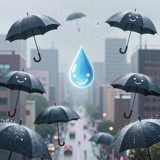 Joyful Rainy Cityscape with Animated Umbrellas