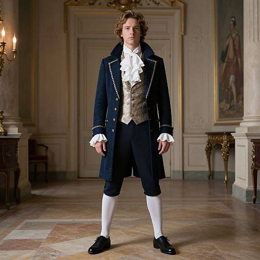 Photograph of a young man in 18th-century attire: navy coat, white ruffled shirt, gold waistcoat, black breeches, white