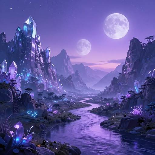 Digital fantasy landscape of a glowing, crystal-studded valley under a moonlit purple sky, with a winding river and luminous flora.