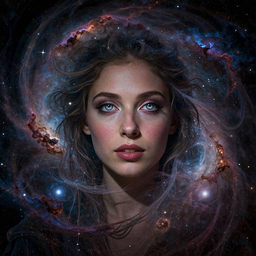 Digital artwork: A striking, fair-skinned woman with blue eyes and wavy brown hair, surrounded by a swirling, colorful galaxy with stars and neb