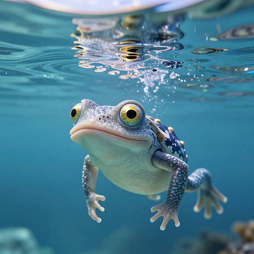 Photograph of a vibrant, blue-spotted frog with large yellow eyes swimming underwater, bubbles rising from its mouth, reflected light on water surface.