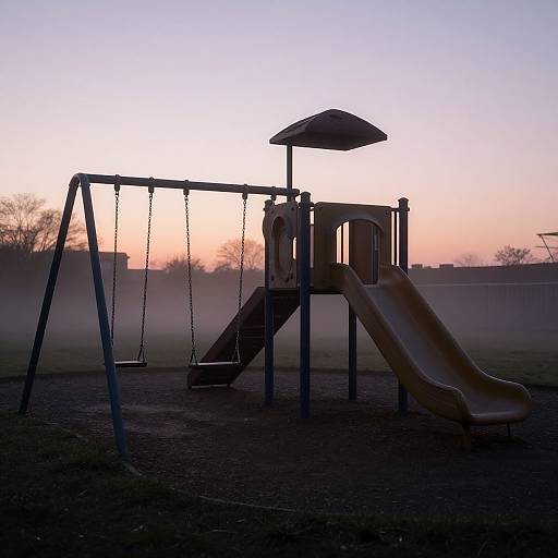 Photograph of a playground at sunrise; silhouetted swing set, slide, and climbing structure against a pink and purple sky, with mist on