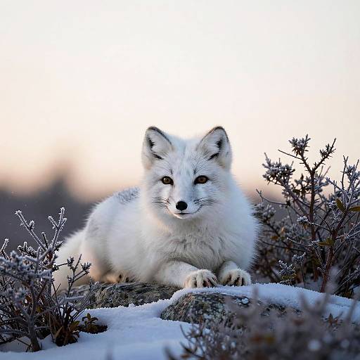 Photograph of a white Arctic fox with black-tipped ears and piercing eyes, lying in snow-covered, rocky terrain with frosty shrubs.