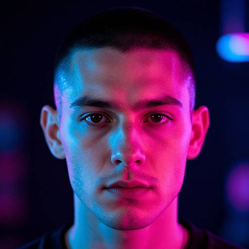 Photograph of a young man with short dark hair, illuminated by blue and pink neon lights, creating a dramatic, split-color effect.