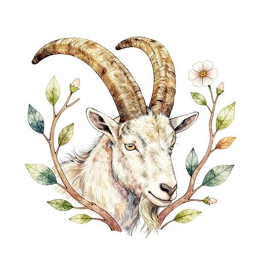 Watercolor-style illustration of a white goat with curved, textured brown horns, surrounded by green and brown leaves on a white background.