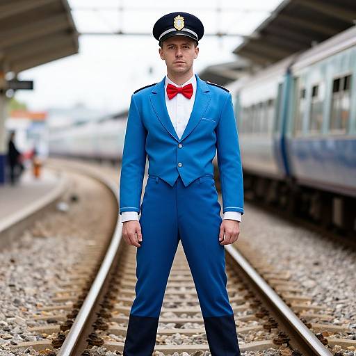 Photograph of a young man in a blue train conductor uniform with a black cap, red bow tie, and white shirt, standing on railway tracks with