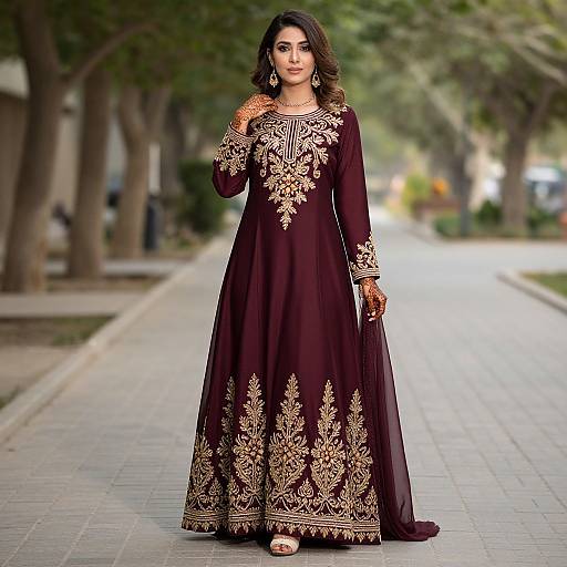 Photograph of a beautiful Indian woman in a dark maroon, long-sleeved salwar kameez with gold floral embroidery, standing on a