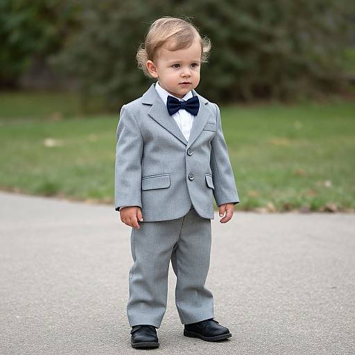 Photograph of a cute, fair-skinned toddler with light brown hair, wearing a grey suit, black bow tie, white shirt, and black shoes