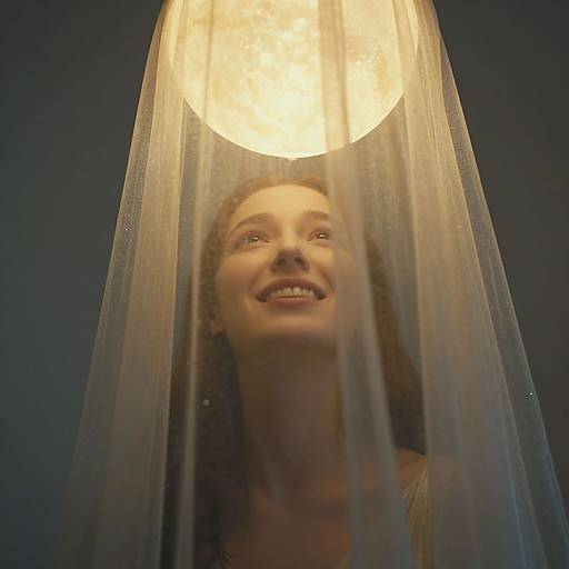 Photograph of a smiling woman with long brown hair looking upwards through a translucent, glowing light fixture against a dark blue background.