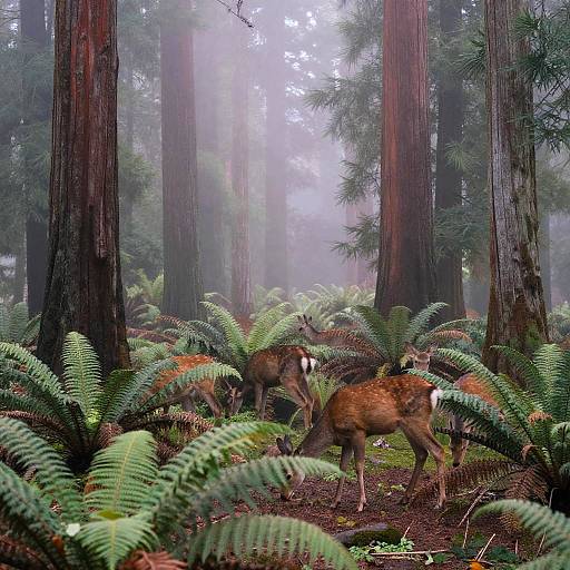 Photograph of two deer with brown coats and white underbellies standing amidst lush green ferns in a misty, dense redwood forest. Tall