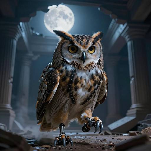 Bionic Great Horned Owl in Moonlit Ruined Temple
