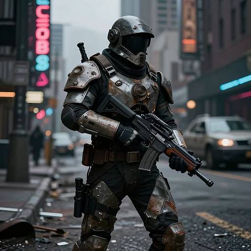 Photograph-style digital artwork of a futuristic, armored soldier with a rifle, standing on a rainy city street at night, neon signs glowing in the background