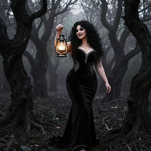 Gothic woman with curly black hair in a tight black dress, holding a lantern, stands in a dark, misty forest.