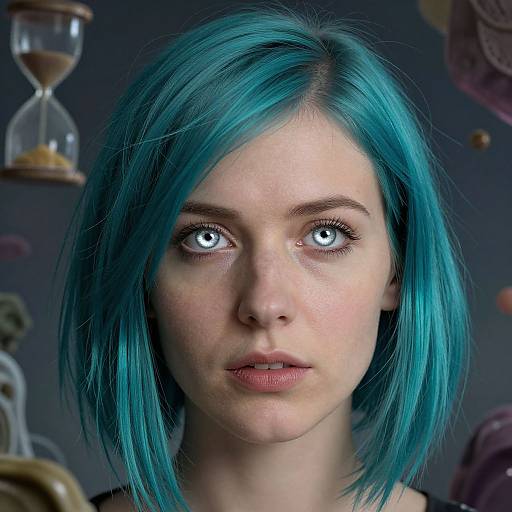 Photorealistic portrait of a young woman with striking blue hair, piercing blue eyes, and fair skin, set against a dark, blurred background with a