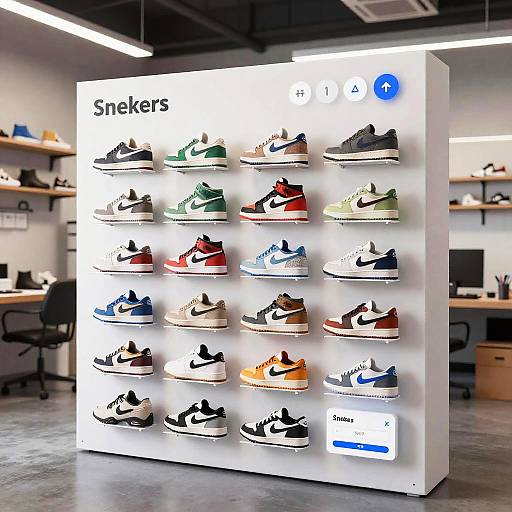 Photograph of a modern retail display featuring 16 pairs of Nike sneakers in various colors, arranged in a 4x4 grid on a white illuminated