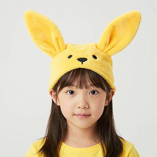 Photograph of an Asian girl with straight black hair, wearing a yellow bunny-eared hat and matching yellow shirt, smiling against a white background.
