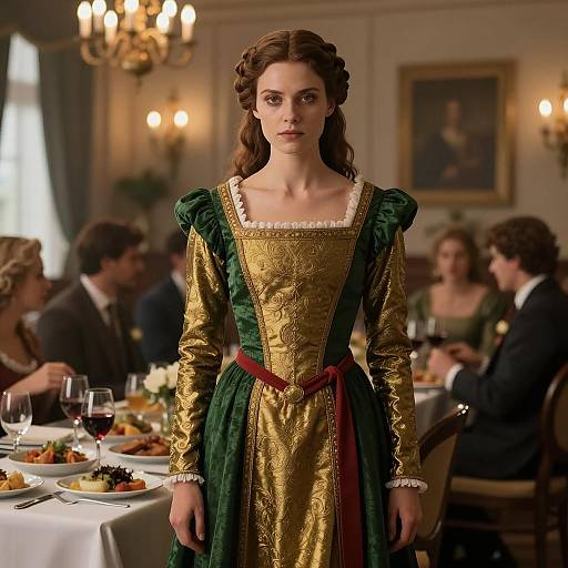 Medieval Woman in Green and Gold Dress at Elegant Dinner