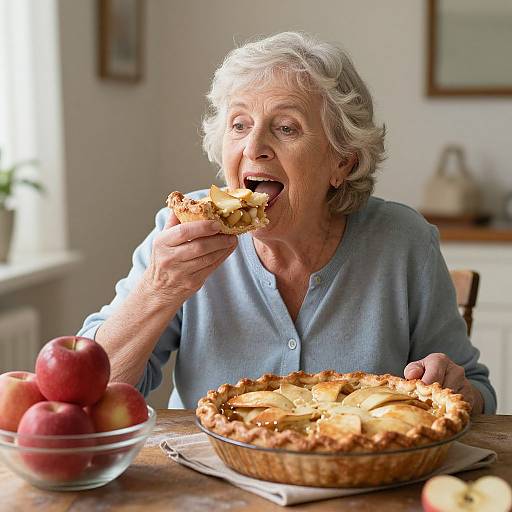 Photograph of an elderly woman with short gray hair, wearing a blue shirt, joyfully biting into a slice of apple pie, surrounded by apples and
