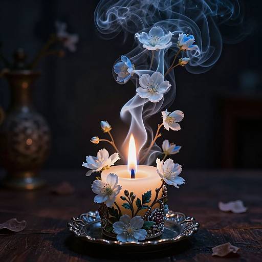 Photograph of a lit candle with white flowers and smoke, on a silver plate, in a dark, romantic setting.