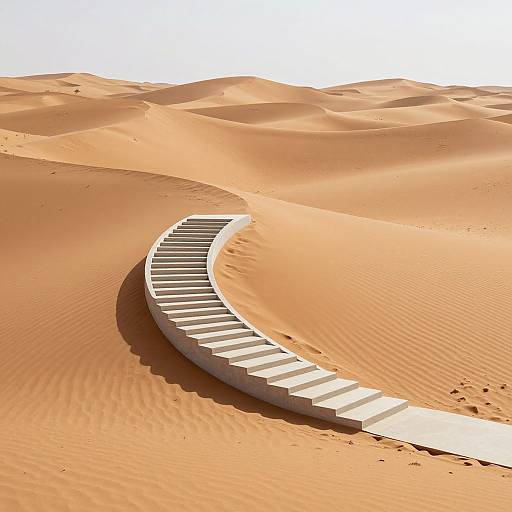 Curved, white, stair-like structure winds through golden, sunlit desert sand dunes, creating a surreal, minimalist landscape. Digital artwork.