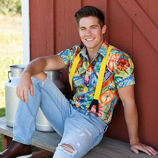 Photograph of a smiling young man with short brown hair, wearing a colorful floral shirt, yellow suspenders, and ripped jeans, sitting against a red