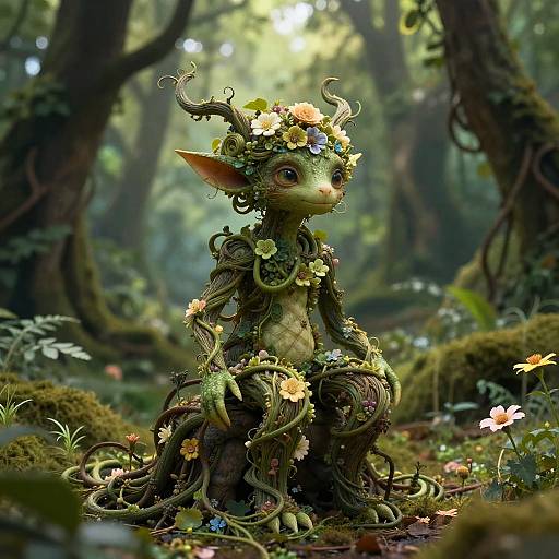 CGI fantasy forest creature: small, green, plant-like being with large ears, flower crown, and vine-covered body, kneeling amidst lush, sun