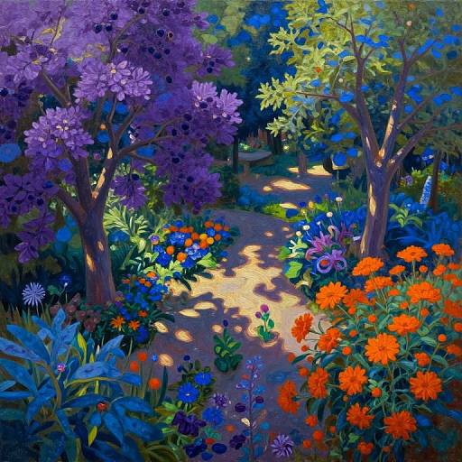 Vibrant digital painting of a sunlit garden path flanked by purple and green trees, with bright orange and blue flowers.