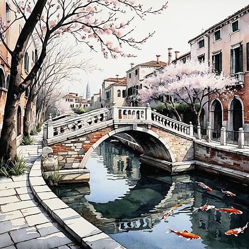 Watercolor Venetian Canal with Cherry Blossoms