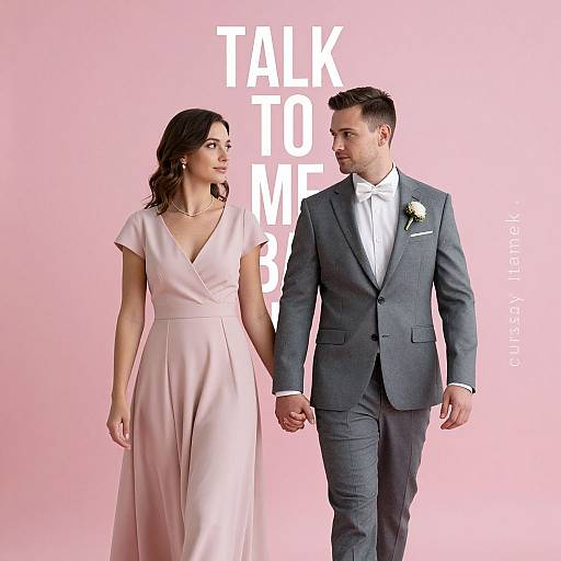 Photograph of a couple holding hands, man in gray suit with white rose boutonnière, woman in pink V-neck dress, pink background,