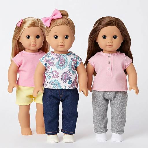 Photograph of three dolls with blonde, brown, and brown hair, wearing pink, patterned, and gray tops with shorts and jeans.