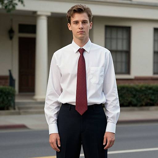 Photograph of a young white man with short brown hair, wearing a white dress shirt, red tie, and black pants, standing in front of a