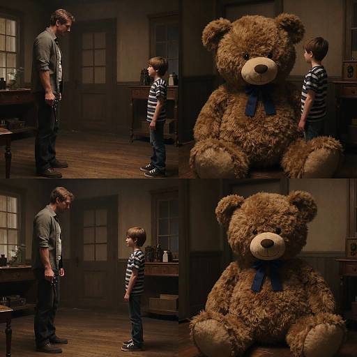 Photograph: Tall man in grey shirt, jeans, and boy in striped shirt stand in dimly lit room, facing giant brown teddy bear with