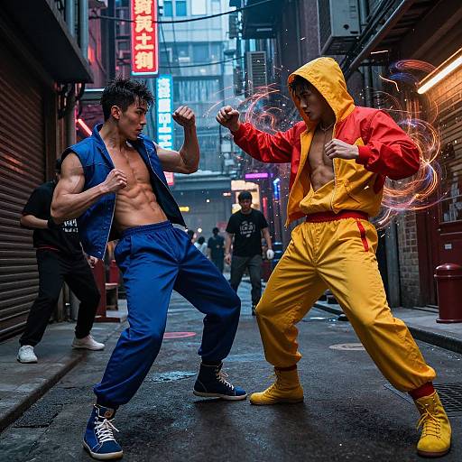 Photograph: Neon-lit urban alley fight; muscular Asian man in blue tracksuit faces Asian man in yellow hoodie, red jacket, yellow pants,