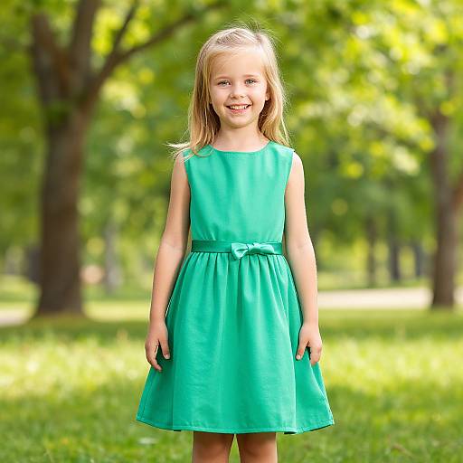 Photograph of a smiling young blonde girl in a sleeveless, turquoise dress, standing in a sunlit, green park with trees.