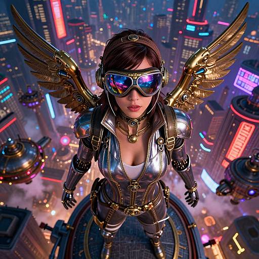 CGI image of a futuristic, armored woman with golden wings and reflective goggles, standing on a rooftop in a neon-lit, cyberpunk cityscape