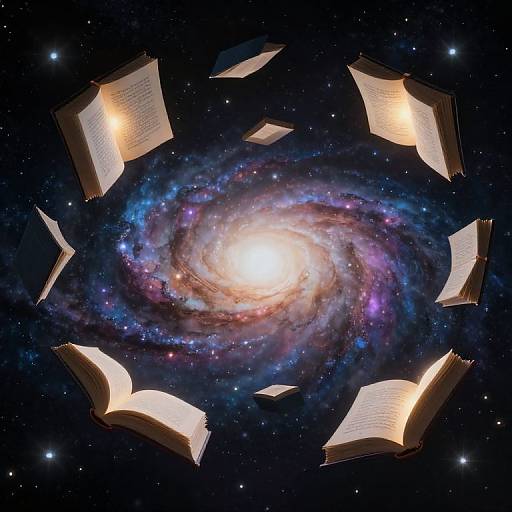 Celestial Books Floating in Cosmos