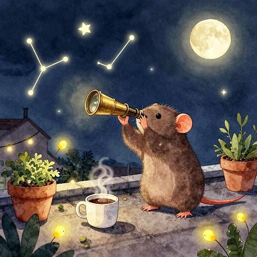 Moonlit Rooftop Mole Stargazing Scene